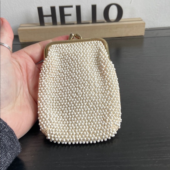 Bundle of Vintage St. Thomas corde bead clutch, gold frame kiss lock + mini bag